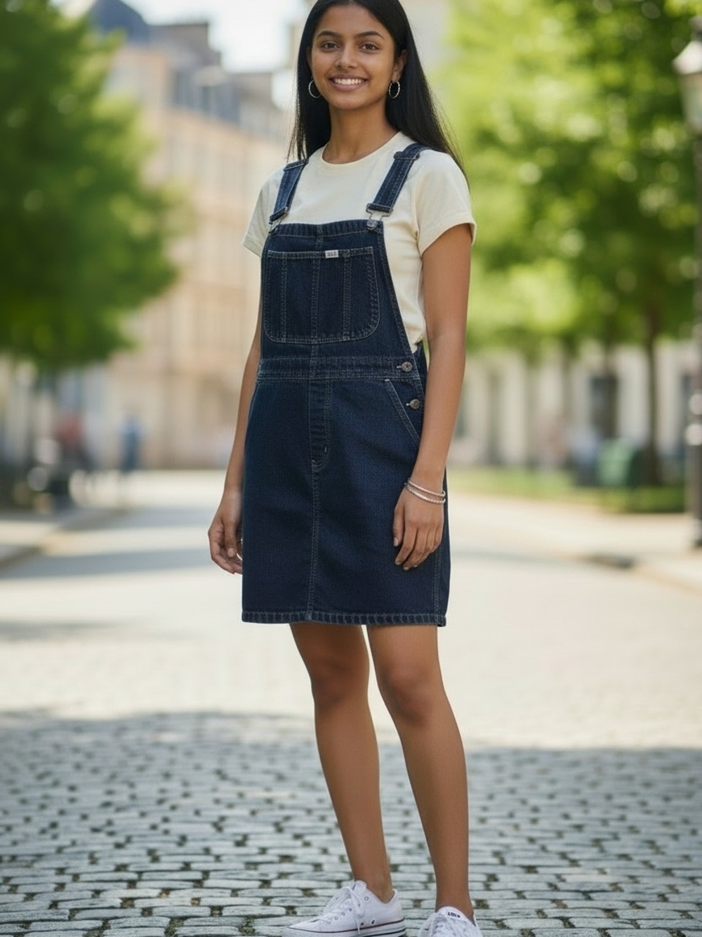 Vintage 90s Dark Blue Denim Overall Jumper Mini Dress for Women Preppy